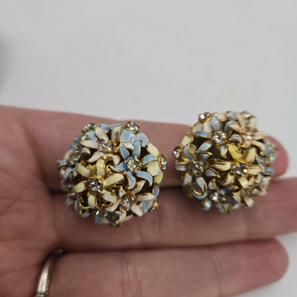 Vintage Signed Sandor Blue Yellow Enamel Domed Flower & Rhinestone Earrings